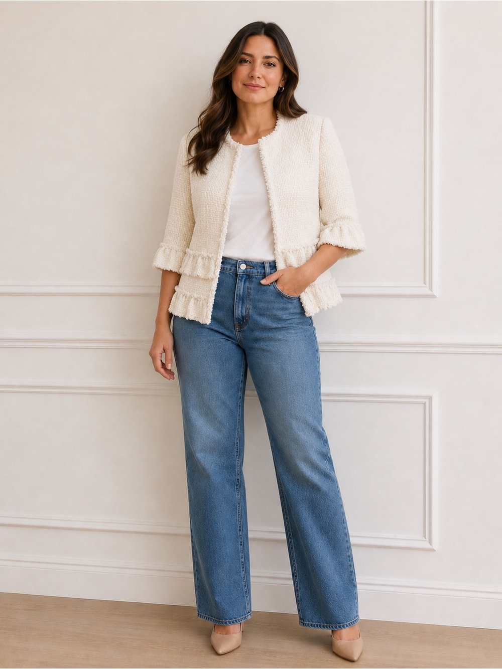 Ann Taylor Cream Textured Ruffle-Trim open front Jacket